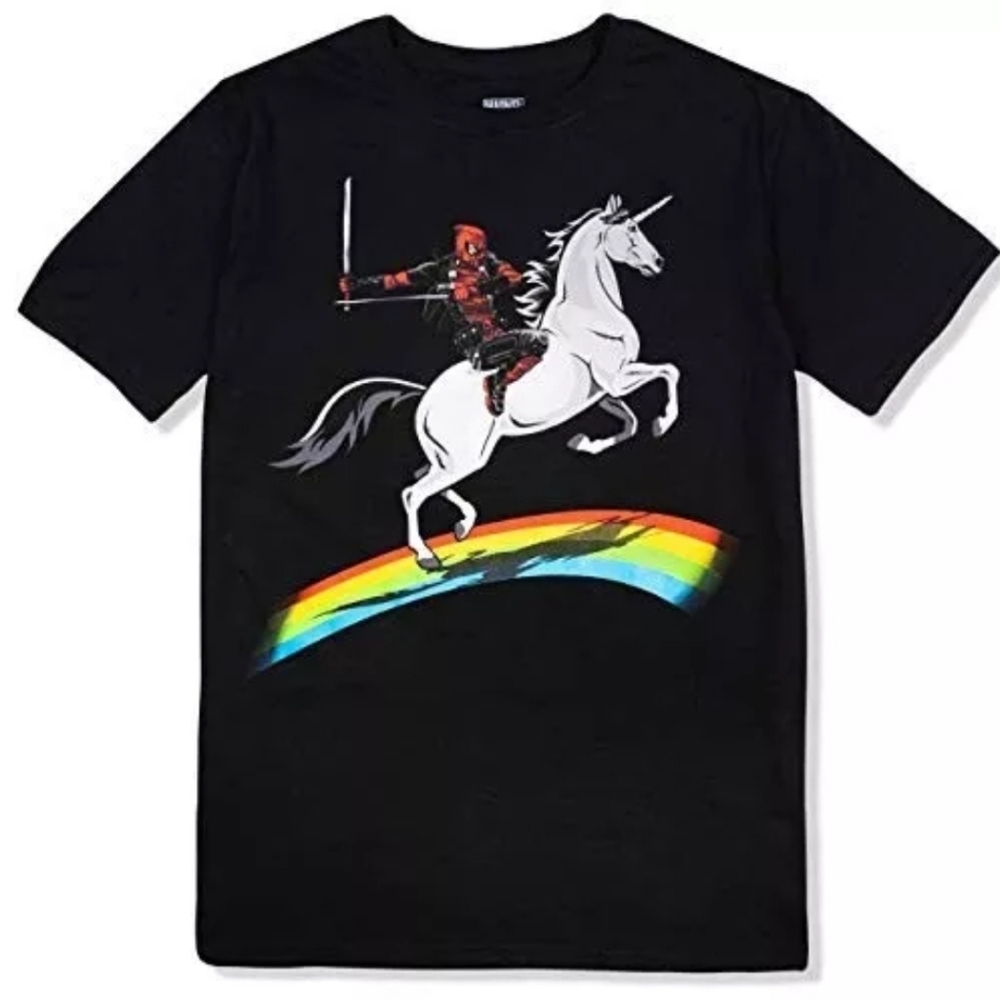 Marvel Deadpool Riding A Unicorn On A Rainbow Black Short Sleeve T-Shirt